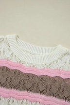 Crochet Half Sleeve Sweater - Brown Stripe Hollow Out - Fashionfitz