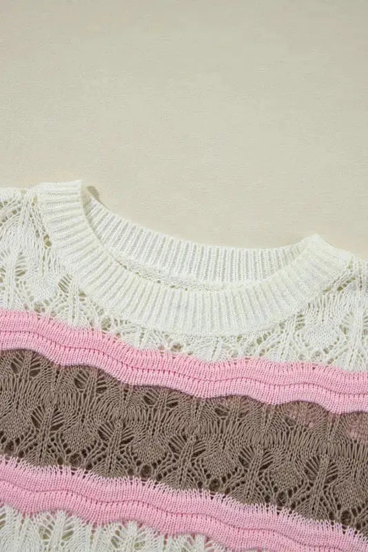 Crochet Half Sleeve Sweater - Brown Stripe Hollow Out - Fashionfitz