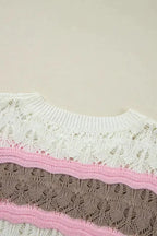 Crochet Half Sleeve Sweater - Brown Stripe Hollow Out - Fashionfitz