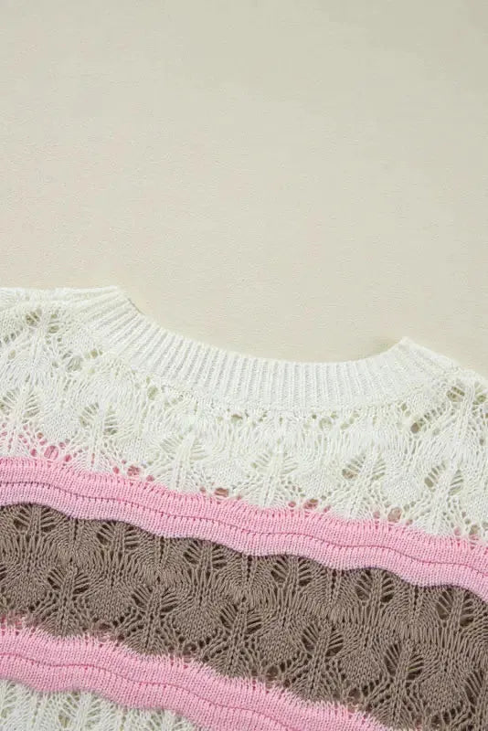 Crochet Half Sleeve Sweater - Brown Stripe Hollow Out - Fashionfitz