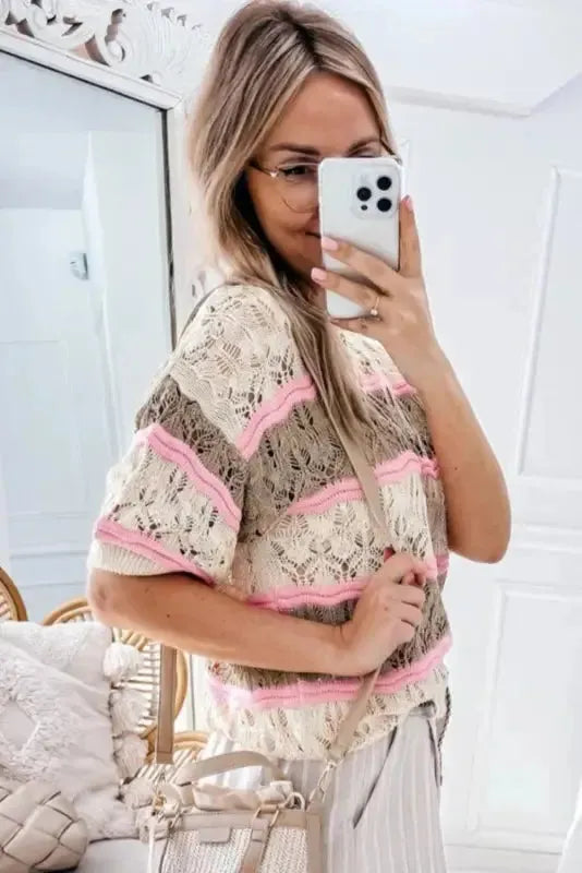 Brown stripe crochet half sleeve sweater back view — Fashionfitz UK