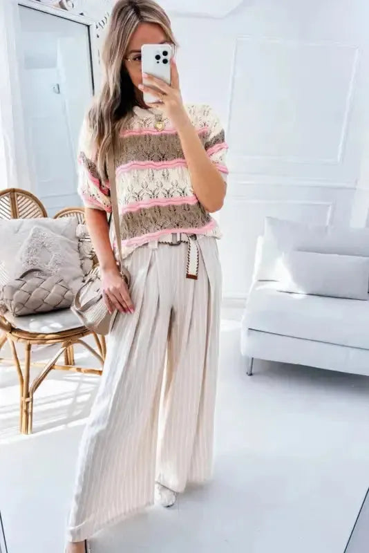 Crochet Half Sleeve Sweater - Brown Stripe Hollow Out - Fashionfitz