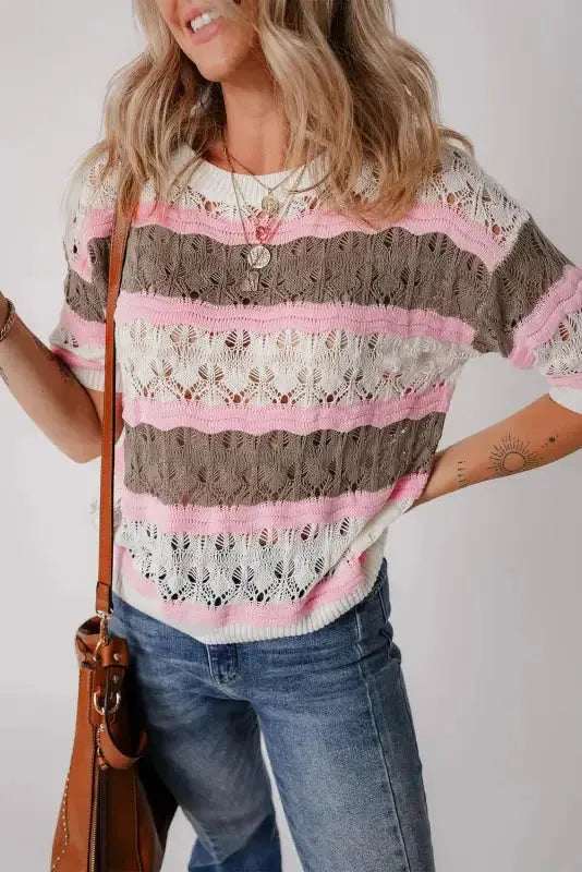Crochet Half Sleeve Sweater - Brown Stripe Hollow Out - Fashionfitz