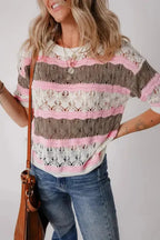 Crochet Half Sleeve Sweater - Brown Stripe Hollow Out - Fashionfitz
