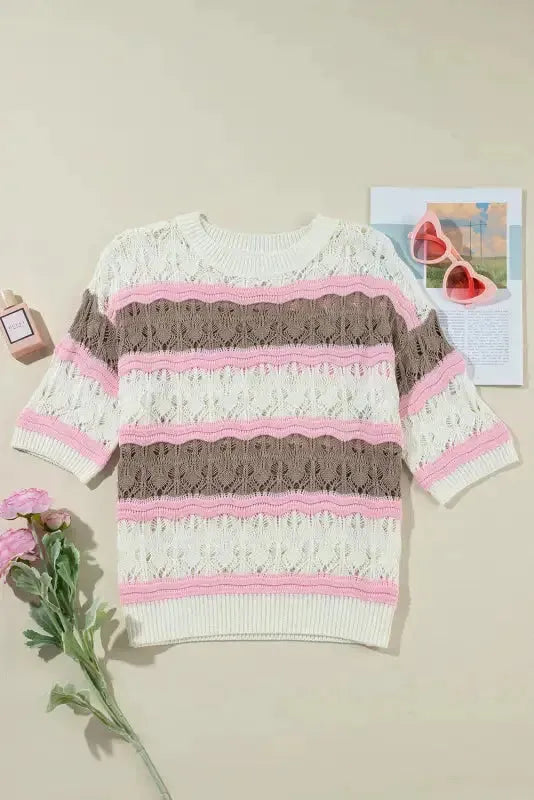 Crochet Half Sleeve Sweater - Brown Stripe Hollow Out - Fashionfitz