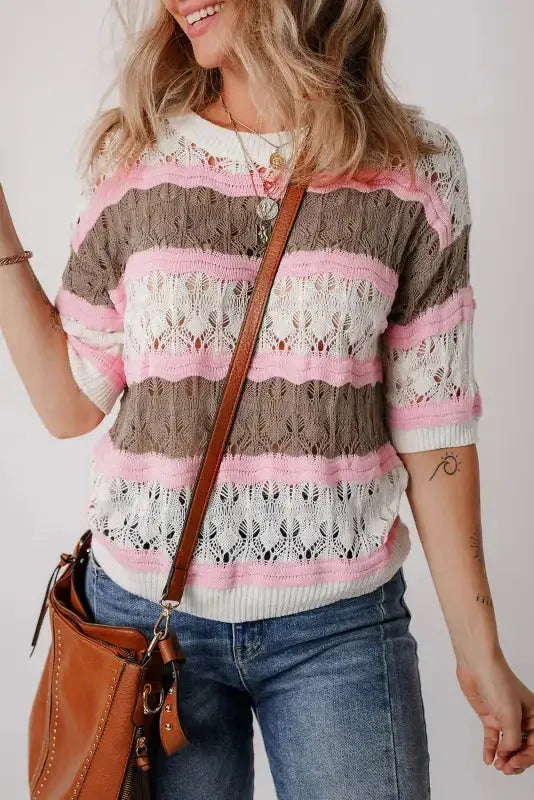 Crochet Half Sleeve Sweater - Brown Stripe Hollow Out - Fashionfitz