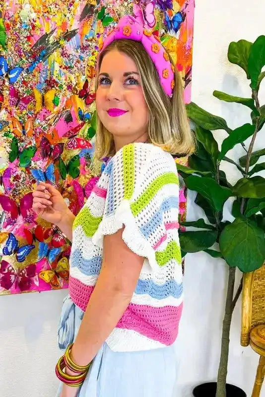 Crochet Knit Top - Ruffled Short Sleeve Sweater - Fashionfitz