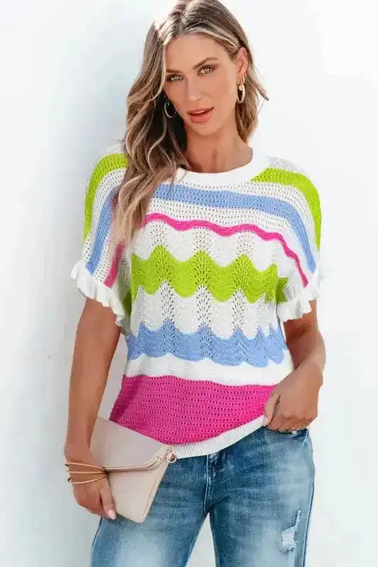 Crochet Knit Top - Ruffled Short Sleeve Sweater - Fashionfitz