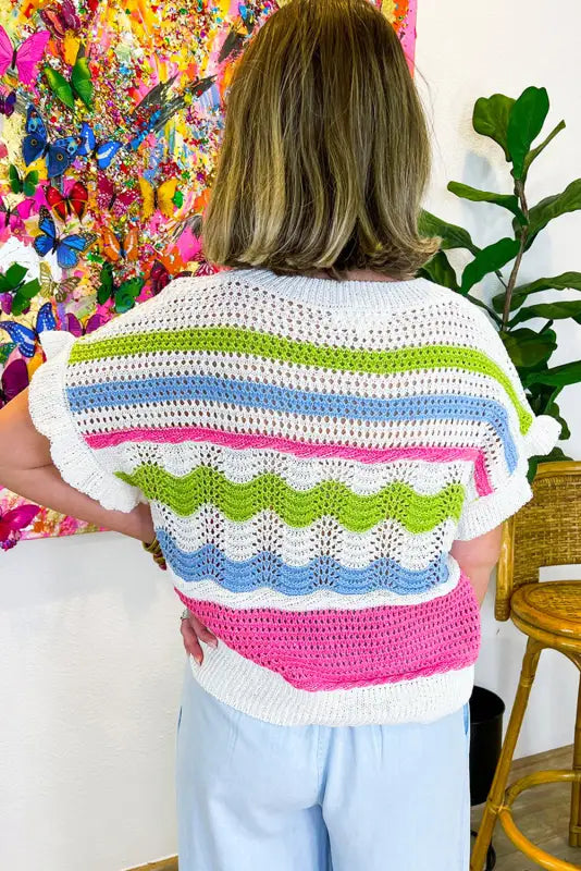 Crochet knit top - ruffled short sleeve sweater