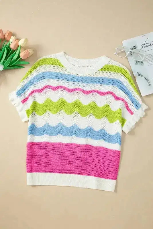 Crochet Knit Top - Ruffled Short Sleeve Sweater - Fashionfitz