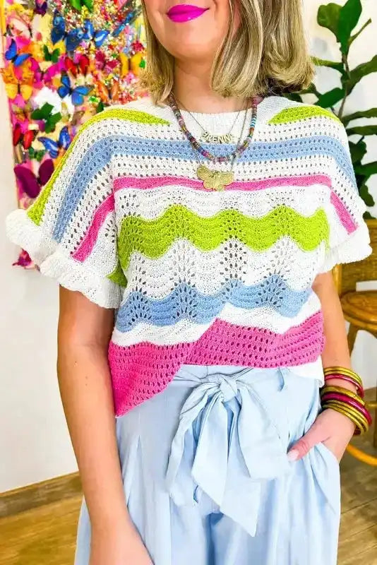 Ruffled short sleeve crochet knit sweater top front view — Fashionfitz UK