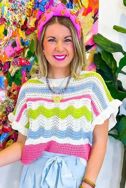 Crochet Knit Top - Ruffled Short Sleeve Sweater - Fashionfitz