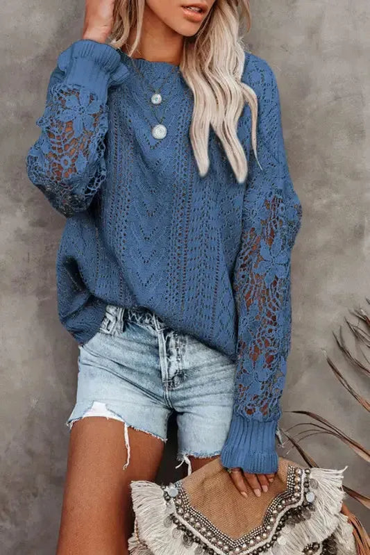Crochet Lace Pointelle Knit Sweater - Fashionfitz