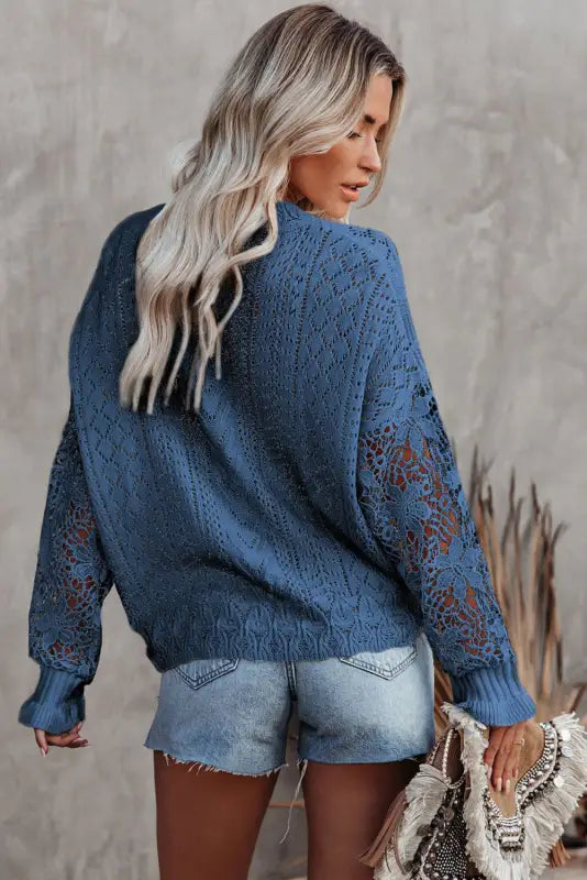 Blue crochet lace pointelle knit sweater - sweaters & cardigans