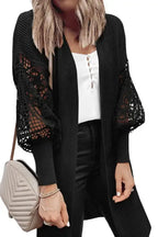 Crochet Lace Sleeve Ribbed Knit Cardigan - Black - Fashionfitz