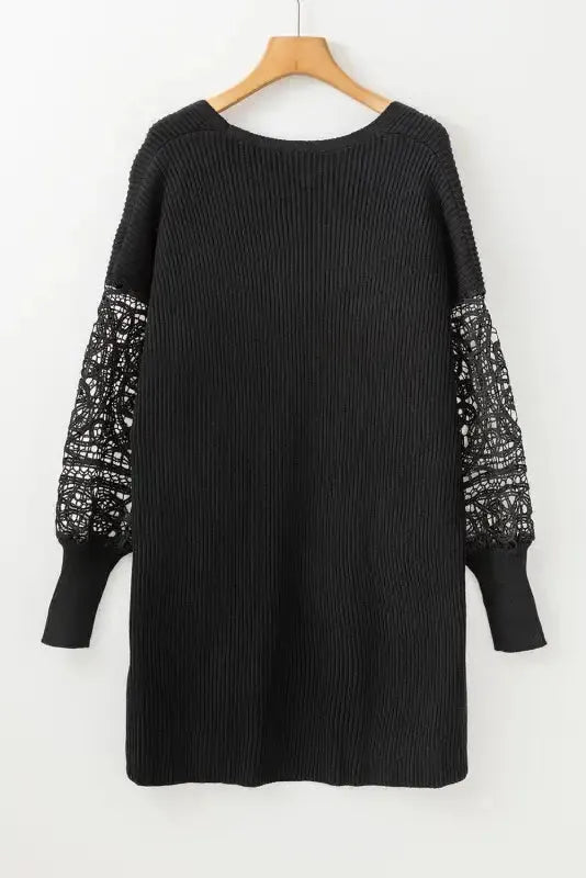 Crochet Lace Sleeve Ribbed Knit Cardigan - Black - Fashionfitz