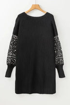 Crochet Lace Sleeve Ribbed Knit Cardigan - Black - Fashionfitz