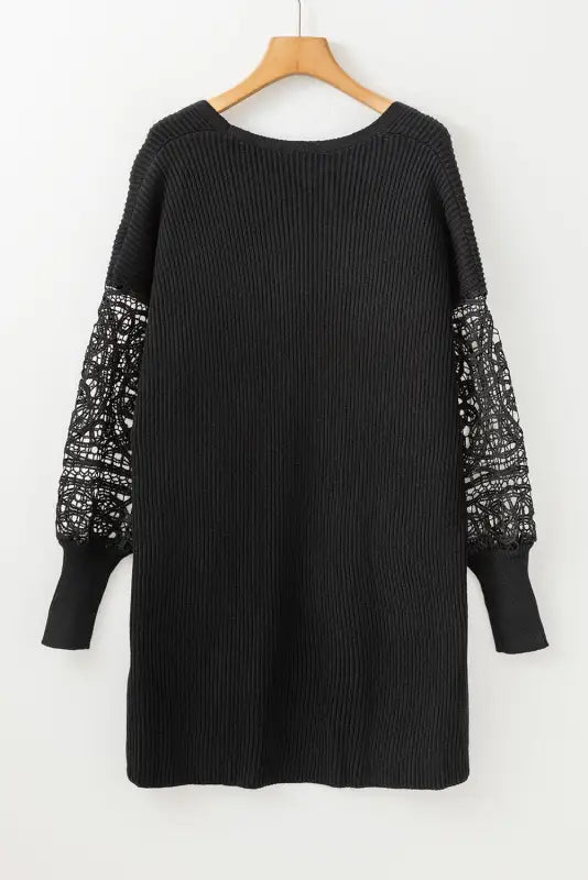 Black crochet lace sleeve ribbed knit cardigan - tops