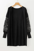 Crochet Lace Sleeve Ribbed Knit Cardigan - Black - Fashionfitz