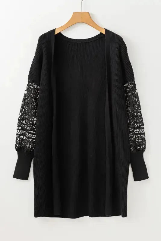 Crochet Lace Sleeve Ribbed Knit Cardigan - Black - Fashionfitz