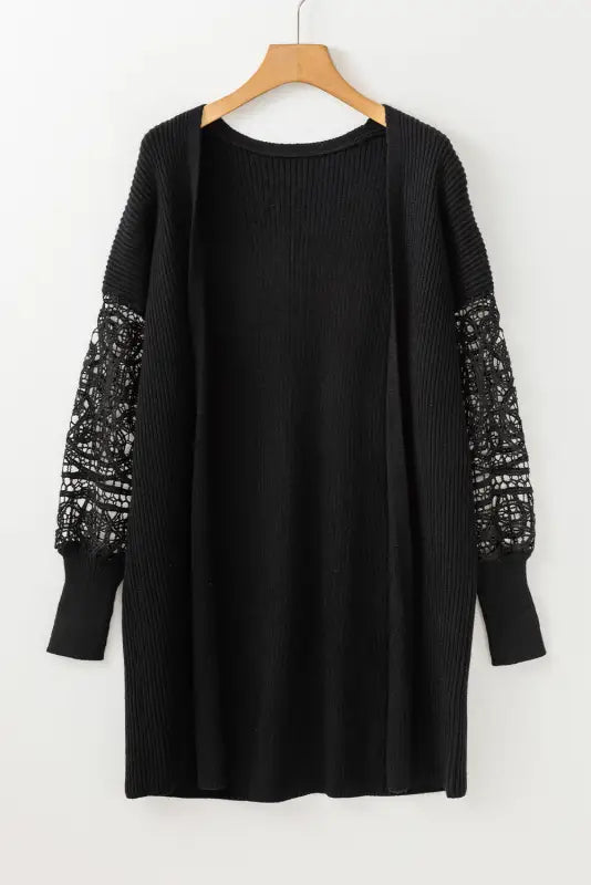 Black crochet lace sleeve ribbed knit cardigan - tops