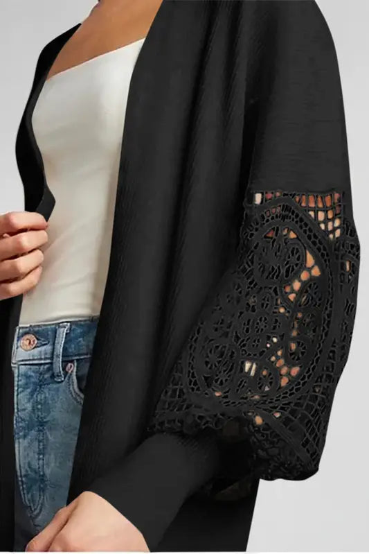 Black crochet lace sleeve ribbed knit cardigan - tops