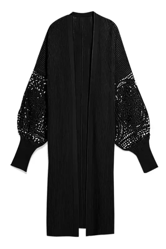 Crochet Lace Sleeve Ribbed Knit Cardigan - Black - Fashionfitz