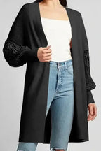 Crochet Lace Sleeve Ribbed Knit Cardigan - Black - Fashionfitz