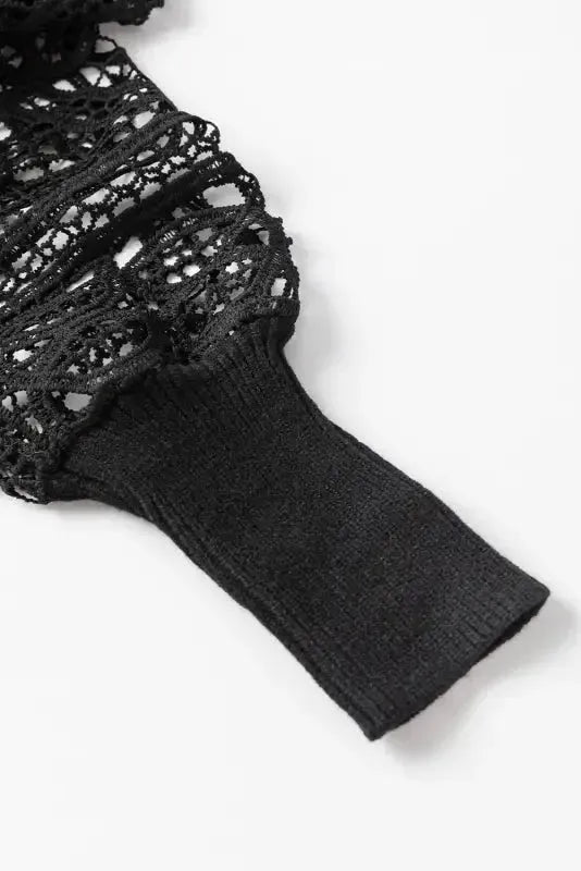 Crochet Lace Sleeve Ribbed Knit Cardigan - Black - Fashionfitz