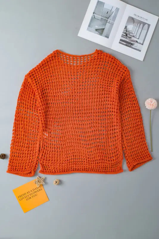 Crochet top - orange open knit bell sleeve tunic sweater - sweaters