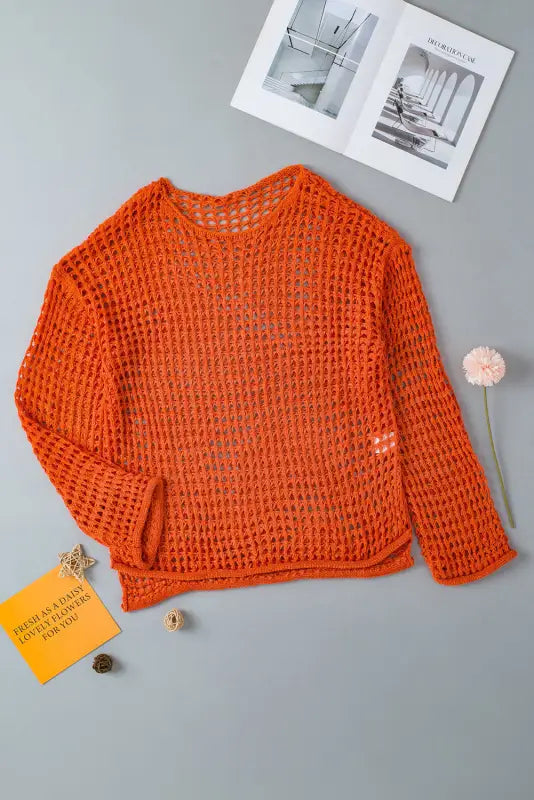 Crochet top - orange open knit bell sleeve tunic sweater - sweaters