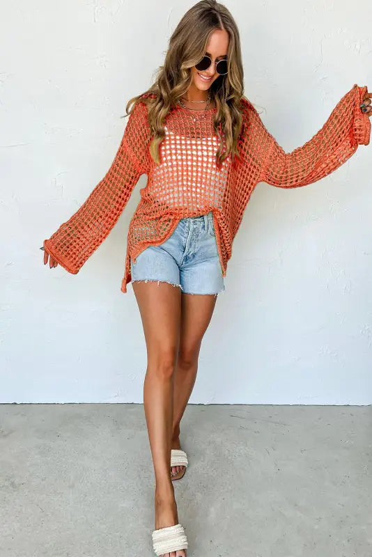 Crochet top - orange open knit bell sleeve tunic sweater - sweaters