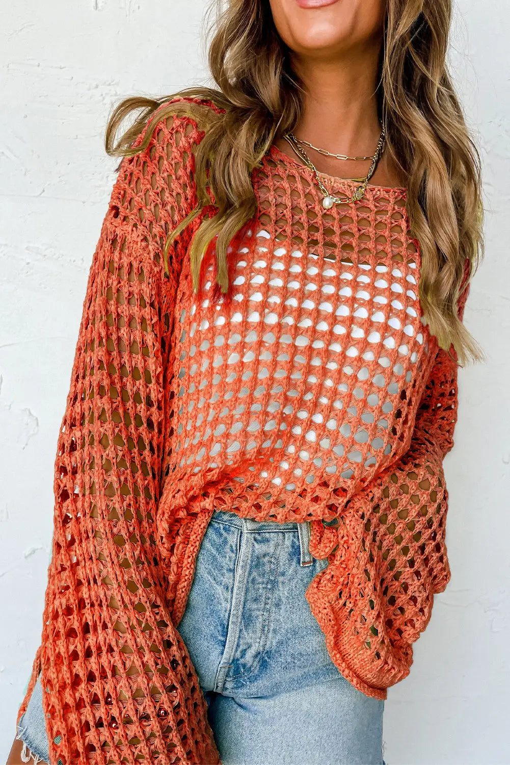 Crochet top - orange open knit bell sleeve tunic sweater - s / 65% acrylic + 35% polyamide - sweaters