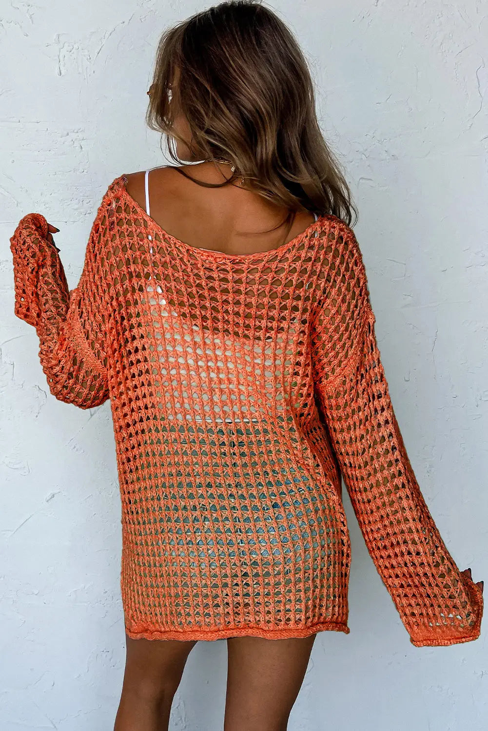Crochet top - orange open knit bell sleeve tunic sweater - sweaters