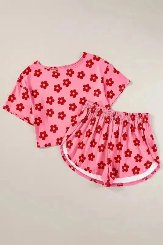 Crop Tee and Shorts Lounge Set - Rose Floral Print - Fashionfitz