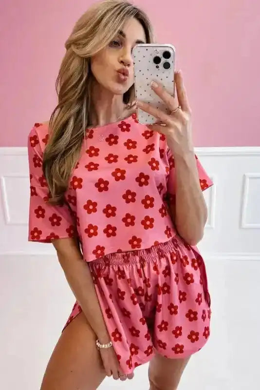 Crop Tee and Shorts Lounge Set - Rose Floral Print - Fashionfitz