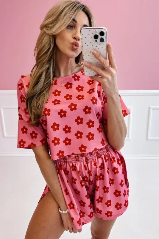 Crop tee and shorts lounge set - rose floral print - loungewear & sleepwear/loungewear