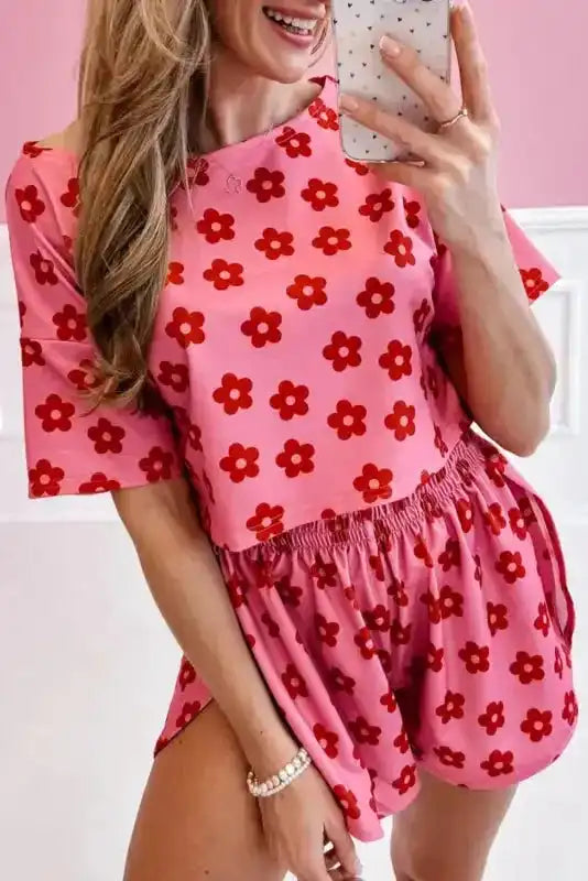 Rose floral print crop tee and shorts lounge set front view — Fashionfitz UK