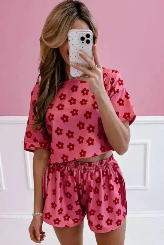 Crop Tee and Shorts Lounge Set - Rose Floral Print - Fashionfitz