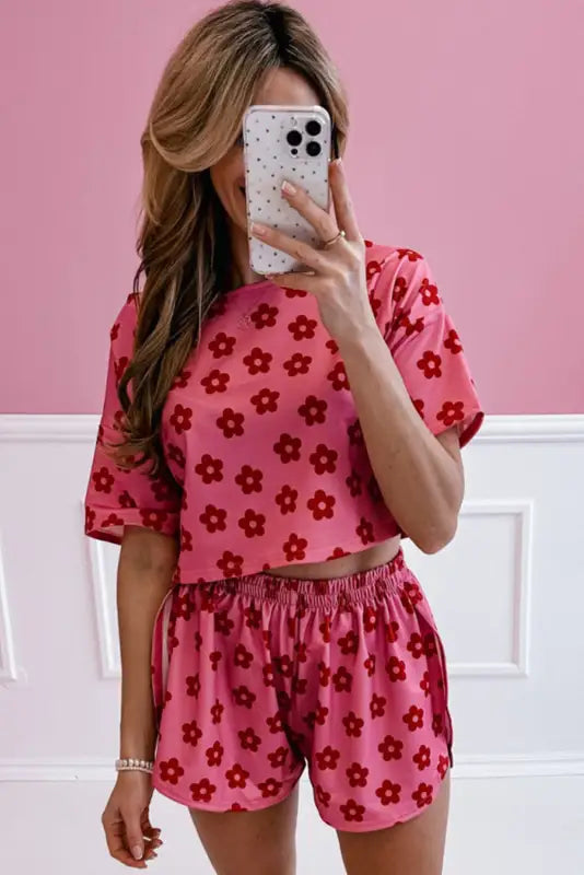 Crop tee and shorts lounge set - rose floral print - loungewear & sleepwear/loungewear