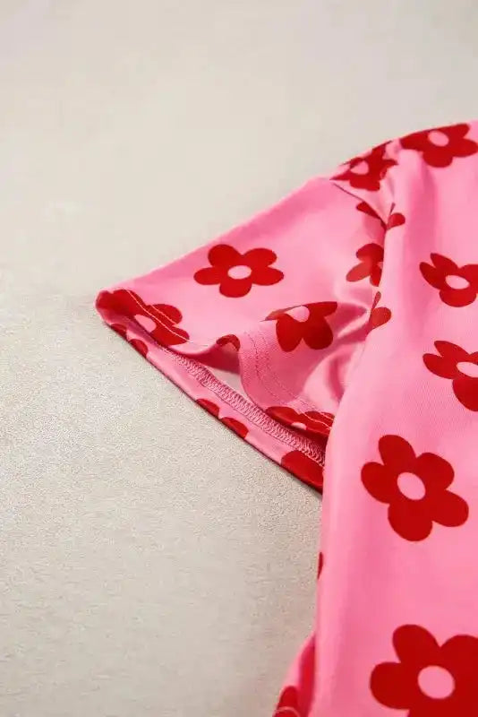 Crop Tee and Shorts Lounge Set - Rose Floral Print - Fashionfitz