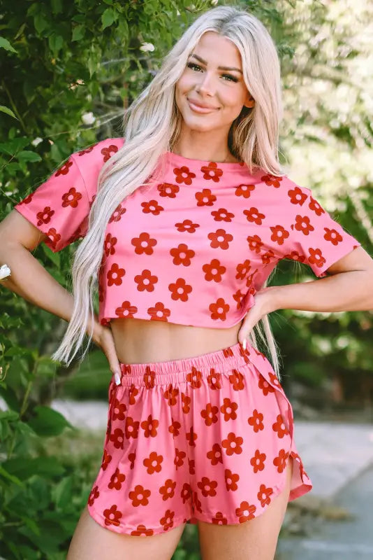 Crop tee and shorts lounge set - rose floral print - loungewear & sleepwear/loungewear