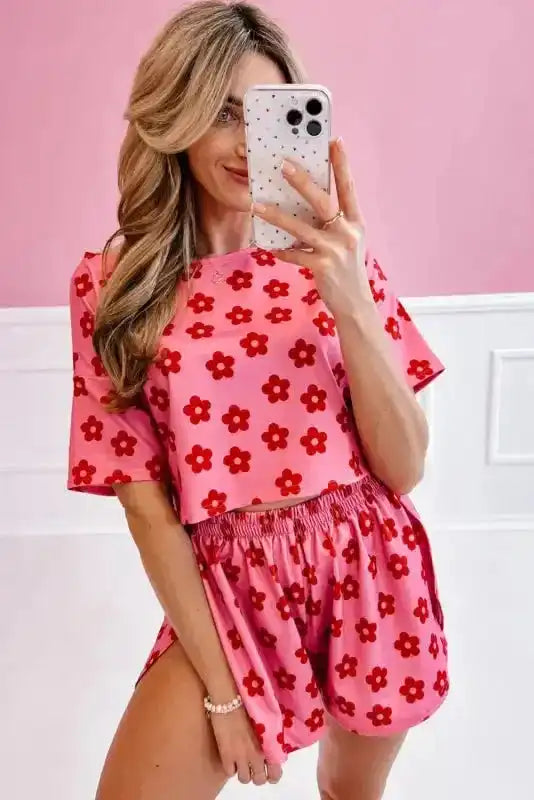 Crop Tee and Shorts Lounge Set - Rose Floral Print - Fashionfitz