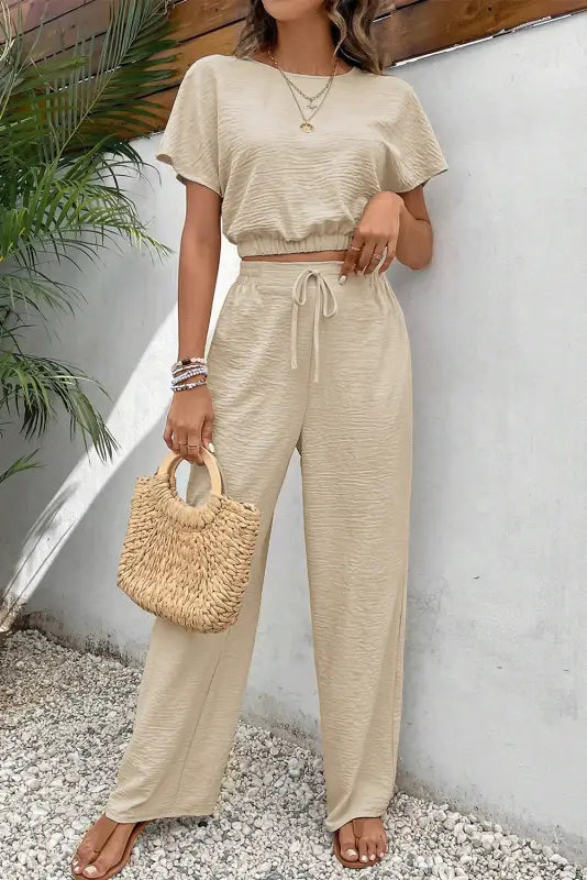 Crop top and wide leg pants matching set - beige / s / 100% polyester - two piece sets/pant sets