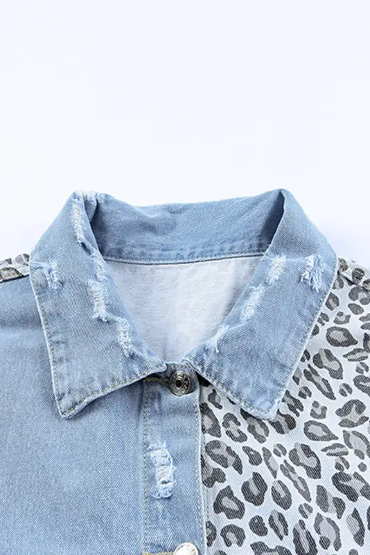 Cropped denim jacket - blue leopard ripped - plus size jackets