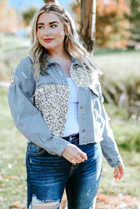 Cropped denim jacket - blue leopard ripped - plus size jackets