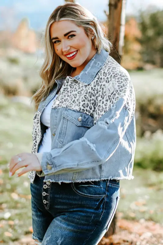 Cropped denim jacket - blue leopard ripped - plus size jackets