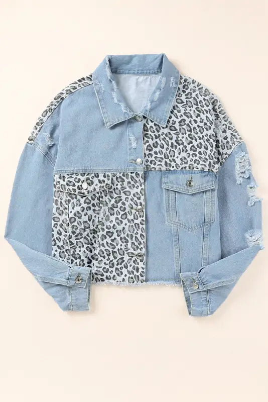 Cropped denim jacket - blue leopard ripped - plus size jackets