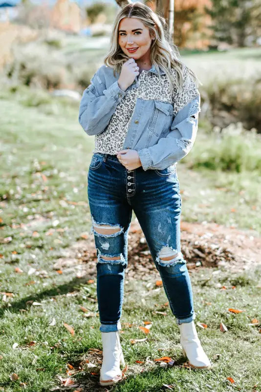 Cropped denim jacket - blue leopard ripped - plus size jackets