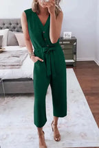 Cropped Jumpsuit with Sash - Buttoned Sleeveless - Fashionfitz